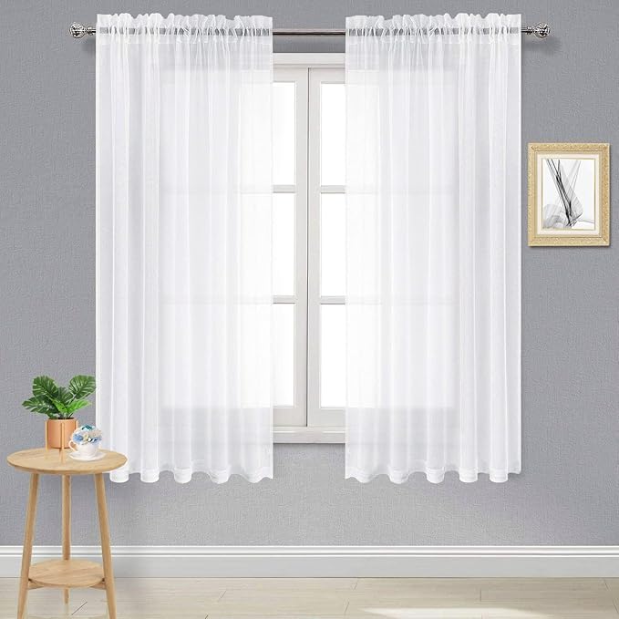 DWCN White Sheer Curtains Semi Transparent Voile Rod Pocket Curtains for Bedroom and Living Room, 60 x 63 inches Long, Set of 2 Panels