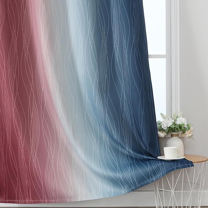 Estelar Textiler Navy Blue and Burgundy Red Ombre Blackout Curtains for Living Room,Energy Efficient Room Darkening Drapes, Grommet Thermal Insulated Window Treatments for Bedroom,52Wx72L,2 Panels