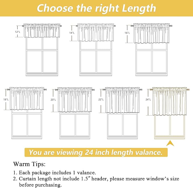 OWENIE Linen Valances for Windows 1 Pcs 24 Inch Length, Light Filtering Textured Short Small Valance Curtains for Bathroom Basement Living Room Bedroom, Half Window Curtains Over Sink, 60" W by 24" L