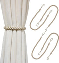 Curtain Tiebacks Ropes, 4pcs Decorative Handmade Tie Backs Curtain Holdbacks Holders Cord for Window Sheer Drapes Indoor Outdoor, Beige