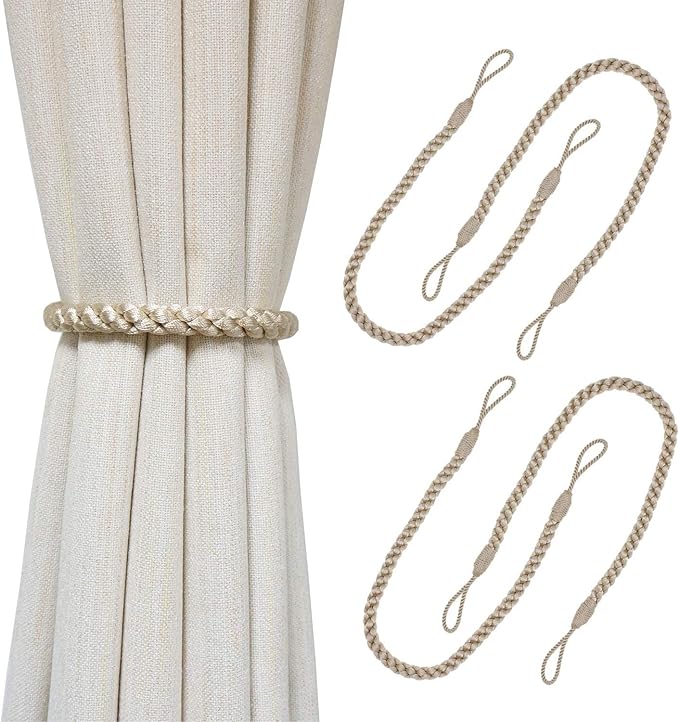 Curtain Tiebacks Ropes, 4pcs Decorative Handmade Tie Backs Curtain Holdbacks Holders Cord for Window Sheer Drapes Indoor Outdoor, Beige