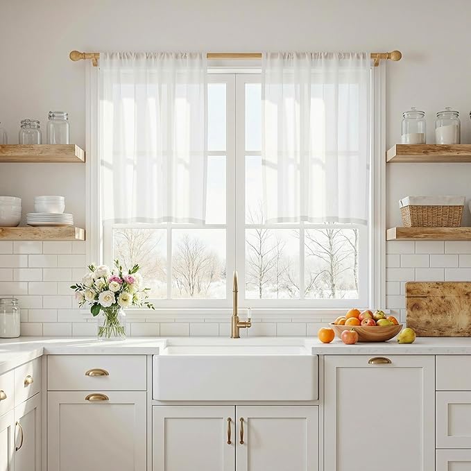 MYSKY HOME 30 Inches Long White Tiers Curtains for Kitchen Window, Semi Sheer Light Filtering Cafe Curtain Rod Pocket Short Country Decor Drapes for Bathroom/Basement, Pure White, 2 Panels, 34" Wide