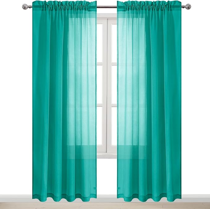 DWCN Teal Sheer Curtains Semi Transparent Voile Rod Pocket Curtains for Bedroom and Living Room, 52 x 84 inches Long, Set of 2 Panels