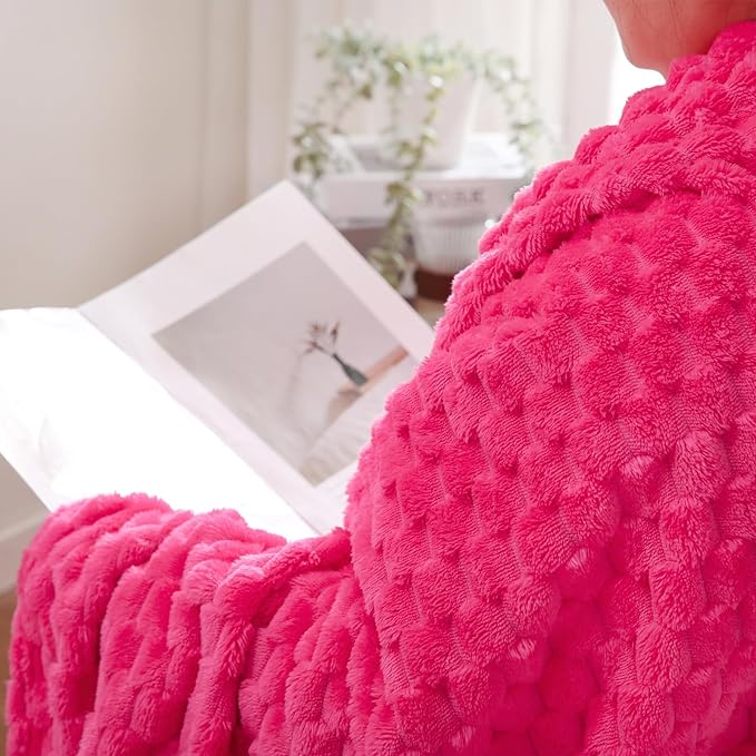 Puncuntex Hot Pink Throw Blanket 90"×90" inches Fuzzy 3D Jacquard Decorative Flannel Fleece Super Soft Plush Cozy Blanket for Couch Sofa Chair Lightweight
