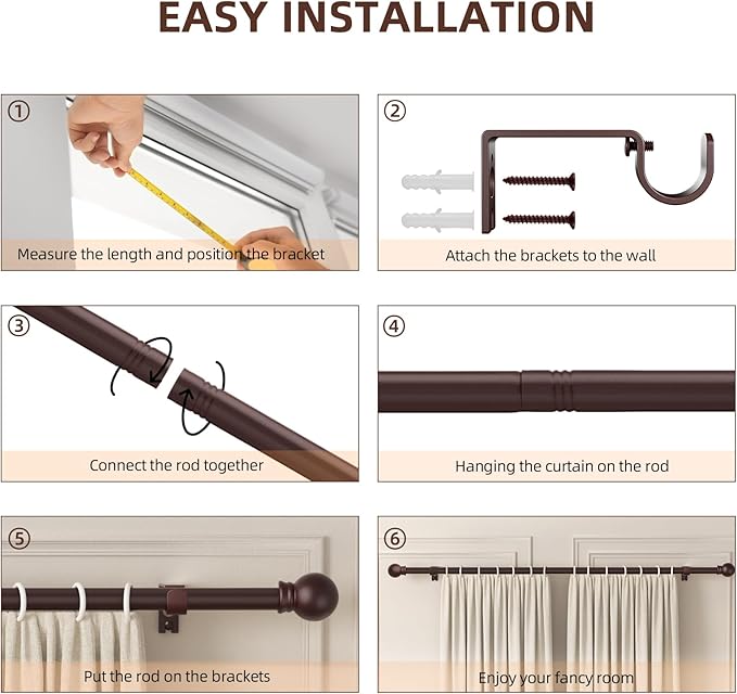 SMODBRODRE Curtain Rods for Window 48 to 84-93, Brown 5/8 inch Splicing Single Window Curtain Rod Set with Brackets