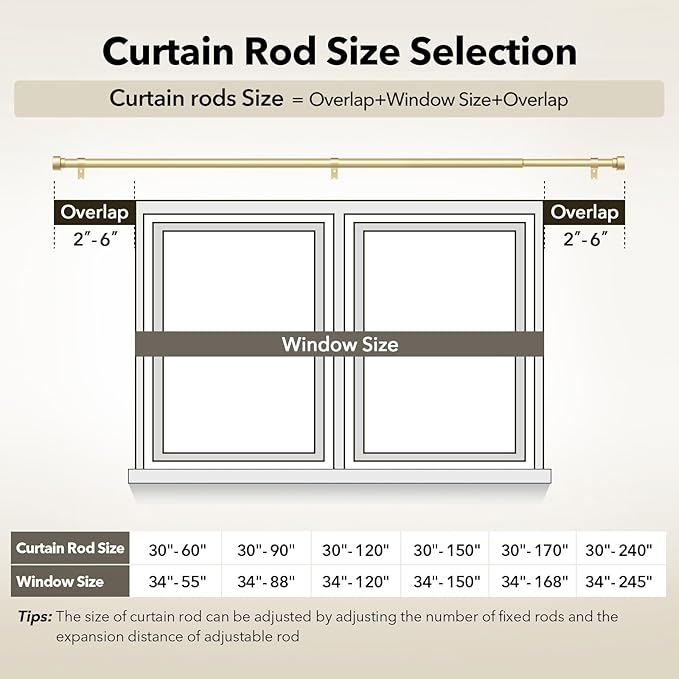 IFELS 2 Pack Heavy Duty Curtain Rods for Windows 66 to 120 Inch, 1 Inch Gold Adjustable Curtain Rod Set with Easy Installation and Modern Design (A1,Gold,30-120",2Pack)