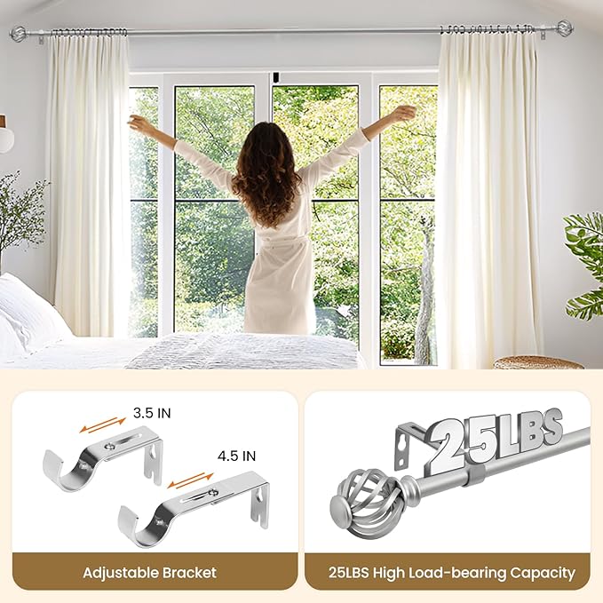 Luvenia Silver Decorative Curtain Rods,Adjustable Curtain Rod For Windows 30 to 72 Inch(2.5-6Ft),Curtain Rod For Bedroom, Living Room,Kitchen,Farmhouse