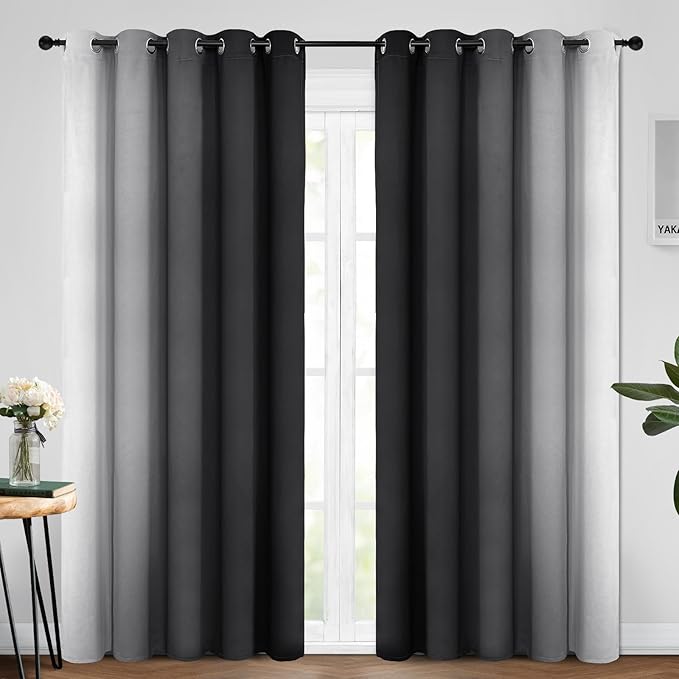 Yakamok Room Darkening Ombre Curtains 96 Inch Length, Black and Greyish White Thermal Insulated Gradient Color Curtains,Light Blocking Grommet Window Drapes for Bedroom,62 Inch Width,2 Panels