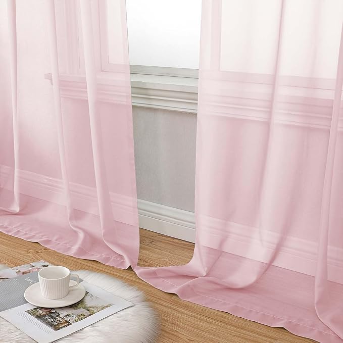Extra Long Blush Sheer Curtains for Bedroom Living Room 108 Inches Long 2 Panels Set, Solid Soft Light Filtering Rod Pocket Sheer Window Curtains, Blush, Each 59" Wx108 L Inch