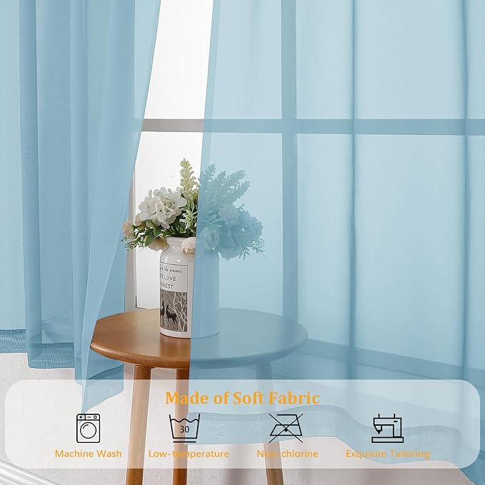 Gwine Sky Blue Sheer Curtains for Living Room 45 inches Long, Short Voile Light Filtering Window Treatments Sheer Curtains for Bedroom, Half Window Drapes with Rod Pocket, Each 42" Wx45 L