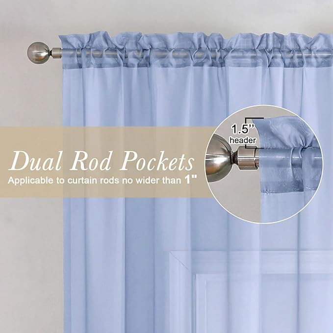 Lecloud Denim Blue Sheer Curtains 96 Inches Long 2 Panels, Rod Pocket Light Filtering Window Curtains for Living Room Bedroom Dining Room, Voile Airy Elegant Balcony Drapes, Each Panel 42" W x 96" L