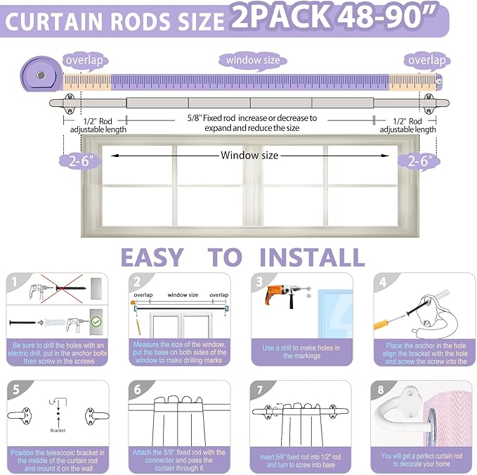 TVWOO 2 Pack Wrap Around Curtain Rods,White Curtain Rods 48 to 84 Inch,5/8 Inch Adjustable Blackout Curtain Rod Set with Bracket,Room Darkening Window Rod,Metal Hidden Curved Drapery Rods 48-84",White