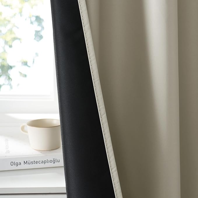 RYB HOME 100% Blackout Short Curtains for Small Window, Thermal Insulated Total Room Darkening Noise Reducing Curtains for Kitchen Bathroom Basement, 34 inches Wide by 45 inches Long, Natural