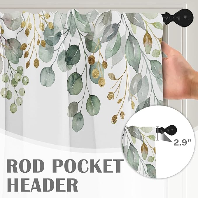 Emvency 4 Pack Valances Window Treatments, Green Eucalyptus Leaves Summer Blackout Adjustable Valances for Living Room Bathroom Bedroom Kitchen Over Sink, 52x12 Inch Rod Pocket