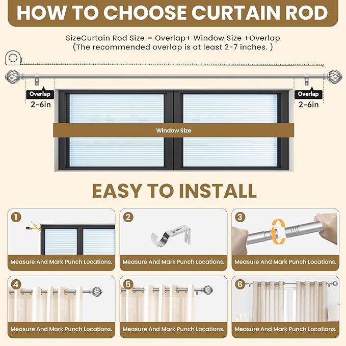 Luvenia Silver Decorative Curtain Rods,Adjustable Curtain Rod For Windows 30 to 72 Inch(2.5-6Ft),Curtain Rod For Bedroom, Living Room,Kitchen,Farmhouse