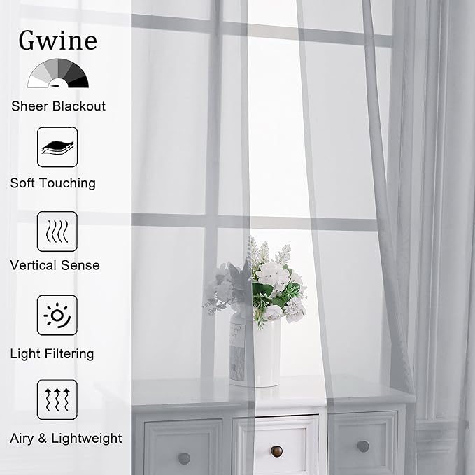 Gwine Light Grey Sheer Curtains 84 Inches Long 2 Panels Set for Living Room, Rod Pocket Voile Bedroom Curtains, Light Filtering Solid Window Sheer Panels, Each 42" Wx84 L