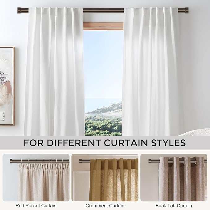 VOIIY Bronze Curtain Rods for Windows 72 to 144 Inch(6-12 Feet),1" Diameter Rods with Modern Style End Cap Finials,Size:36-144 Inch,Antique Bronze