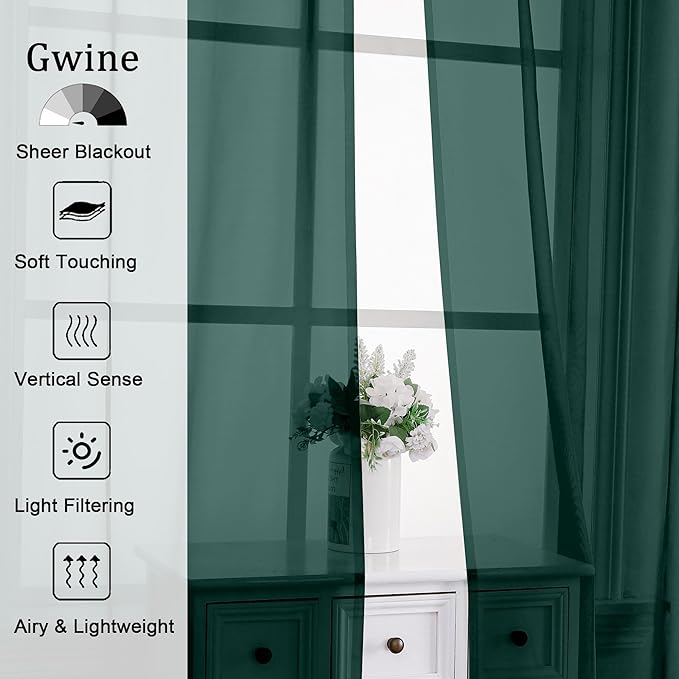 Gwine Hunter Green Sheer Curtains 90 Inches Long 2 Panels Set, Light Filtering Solid Filmy Drapes for Living Room Bedroom, Elegant Soft Rod Pocket Voile Sheer Window Curtains, 42Wx90L Inch, 2PCS