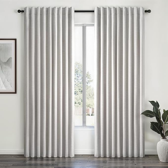 Linen Blackout Curtains 70 Inches Extra Wide 84 Inch Long for Living Room Grey Beige Room Darkening Back Tab Pleated Drapes for Bedroom Winter Thick Window Energy Efficient 70"W x 84"L 2 Panels
