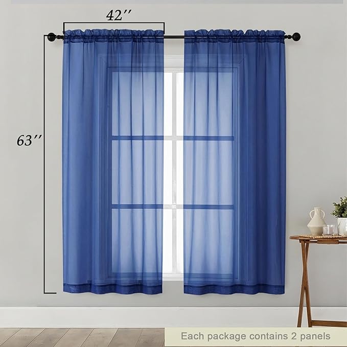 Sheer Curtains 63 Inch Length 2 Panels Set for Living Room Bedroom, Airy Soft Light Filtering Sheer Dining Room Curtains, Modern Rod Pocket Drapes, Royal Blue, Each 42" Wx63 L