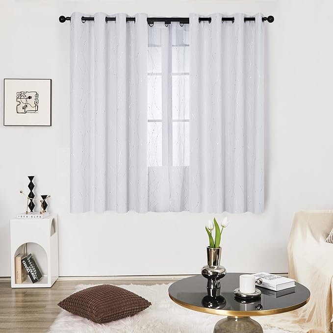 Deconovo Kitchen Curtains, Room Darkening Drapes, Thermal Insulated Soundproof Grommet Drape, Silver Wave Dots Print, 52 x 54 Inch, Machine Washable Window Panels for Small Windows Nursery, Set of 2