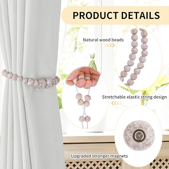 Magnetic Curtain Tiebacks, 4 Pack Curtain Holdbacks for Draperies, Elegant Wood Bead Tie Backs for Bedroom Decor, Boho Room Decor, Nursery Decor, Farmhouse Decor