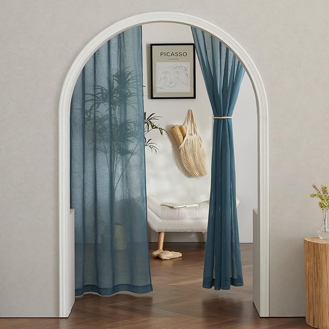 NICETOWN Sheer Linen Curtains 84 inch Long for Bedroom, (Smoke Blue) Grommet Privacy Semitransparent Light Filtering Flax Sheer Window Treatment for Living Room, W52 by L84, Set of 2
