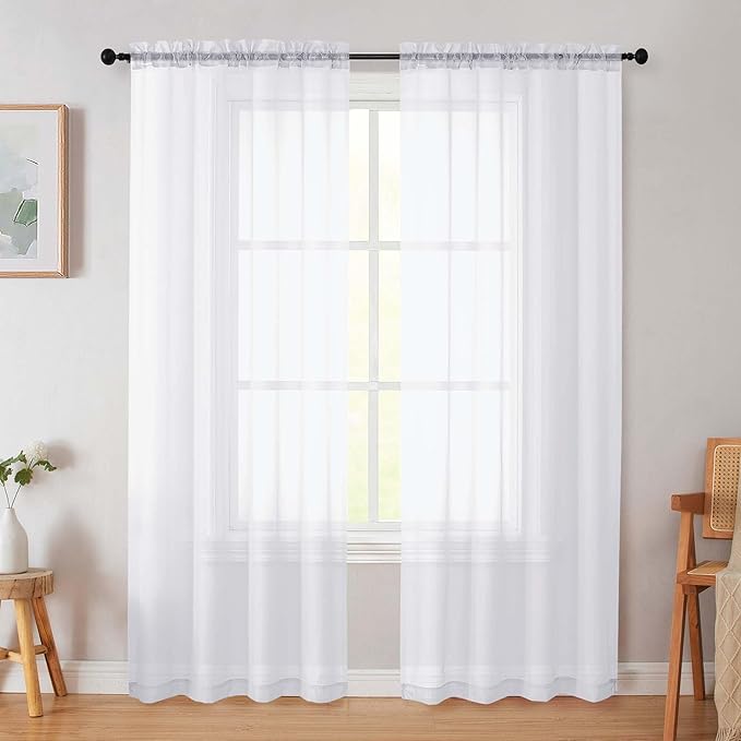 White Sheer Curtain for Bedroom Living Room 78 Inches Long 2 Panels Set, Solid Soft Airy Light Filtering Sheer Window Curtains, Modern Rod Pocket Door Curtain, White, 42" Wx78 L Inches