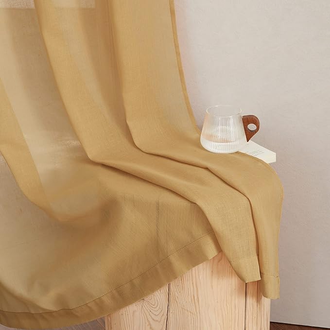 NICETOWN Desert Yellow Curtains for Living Room, Grommet Flax Linen Sheer Curtains Semitransparent with Light Filtering Luxury & Casual for Bedroom/Living Room, W52 x L108, 2 Pieces