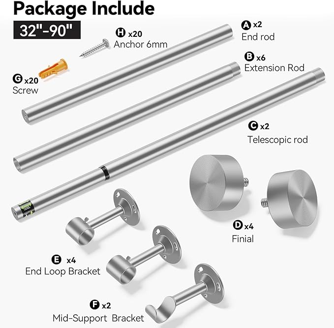 YaFex 2 Pack Heavy Duty Curtain Rods 32-90 Inch, 1 Inch Adjustable Curtain Rod for Windows, Silver Long Window Treatment Rods Set with Aluminium Finials, Modern Design