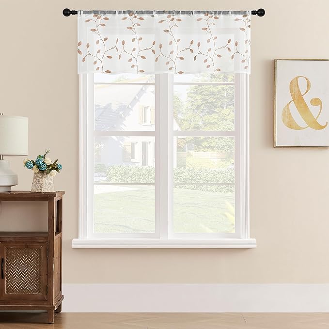 MRTREES Sheer Curtain Valances 2 Panels, Leaves Embroidered Voile Valance Curtains Rod Pocket, 54x16 Inches Small Sheer Window Curtain Valance for Bedroom/Living Room/Kitchen/Basement(Taupe Leaves)