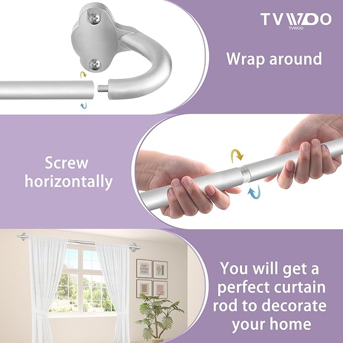 TVWOO Silver Wrap Around Curtain Rods:5/8In Blackout Adjustable Window Curtain Rod for Bedroom Kitchen Apartment Renter Friendly,Room Darkening Curved Drapery Rods Easy Install,Antique Silver 66-120"