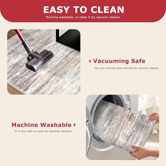 KOZYFLY Modern Abstract Washable Rug Runner 2.6x10 Hallway Rug Runner Non-Slip Soft Kitchen Runner Rugs, Multi Grey/Orange Striped Carpet for Entryway Bathroom