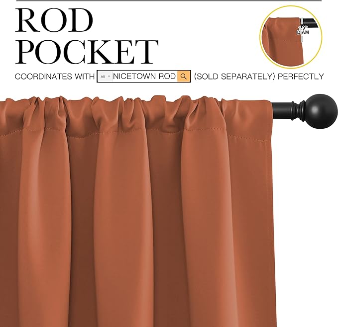 NICETOWN Blackout Curtains and Drapes - Thermal Insulated Solid Rod Pocket Blackout Draperies/Panels (Burnt Orange, 1 Pair, 34 by 72 inches)