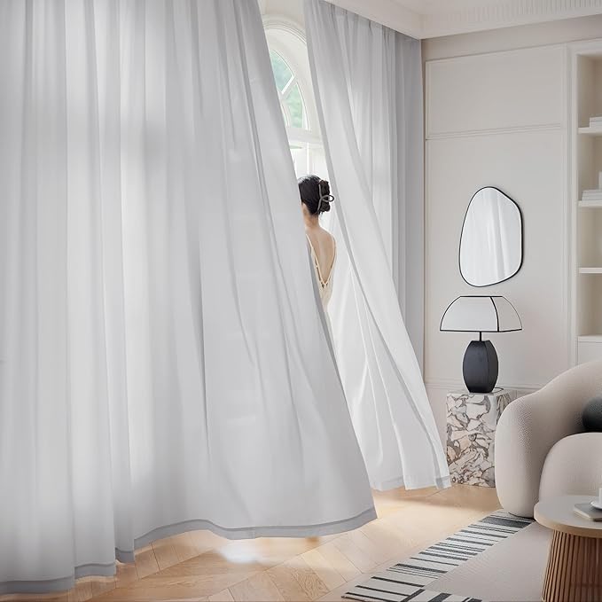 FMFUNCTEX Sheer Non-See-Through Grey Curtains for Bedroom, Faux Silk that Let Light Curtains 96 inches Long Light Filtering Privacy Sheer Window Drapes for Living Room, Rod Pocket 2 Panels Set