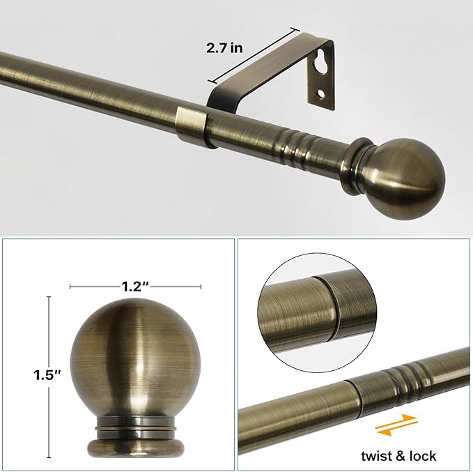 Antique Brass Curtain Rods for Windows 28 to 48 inch, 5/8 inch Small Curtain Rod Set with Brackets, Heavy Duty Drapery Rod for Bedroom, Living Room, Brushed Brass
