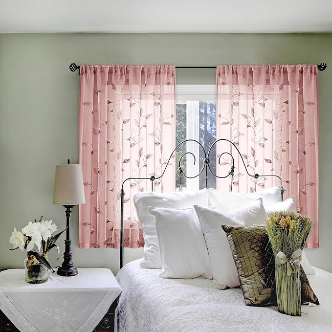 HOMEIDEAS Blush Pink Sheer Kitchen Curtains 52 x 45 Inch Length 2 Panels Embroidered Leaf Pattern Short Curtains for Bedroom Half Small Bathroom Window Rod Pocket Tiers