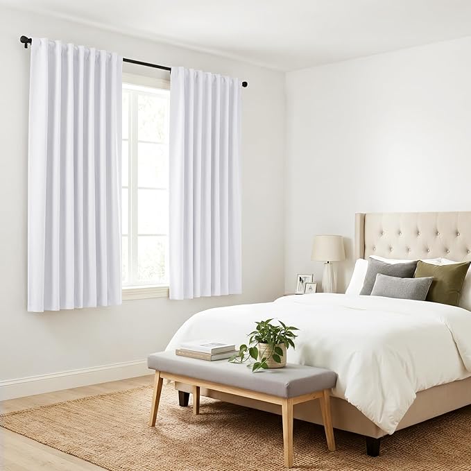 PONY DANCE Window Curtains Drapes - White Panels Short Drapes Back Tab/Rod Pocket Window Treatments Curtain Blinds Home Decoration for Kitchen Bedroom, W 42 by L 30 inch, Pure White, 2 PCs