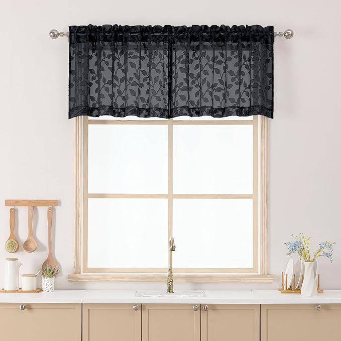 Chyhomenyc Black Sheer Valances for Windows 14 Inch Length 2 Pcs, Light Filtering Leaf Textured Cafe Short Kitchen Curtains, Top Small Curtain for Living Room Bedroom Basement, 42" W x 14" L