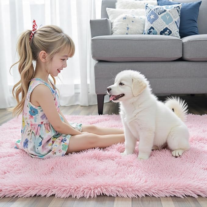 Area Rugs 9x12 Living Room, Pink Large Area Rug Shag Shaggy Carpet Soft Plush Furry Bedside Rug, Machine Washable Area Rugs for Bedroom Kids Girls Boys Home Decor Anti Slip(9 x 12, Pink)
