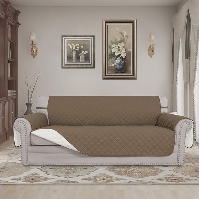 Easy-Going Reversible Oversized Couch Cover for 3 Cushion Couch Sofa Cover for Dogs Water Resistant Furniture Protector Cover with Foam Sticks for Pet (Oversized Sofa, Camel/Ivory)