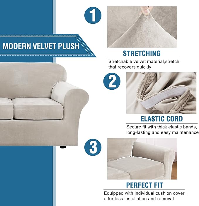 H.VERSAILTEX Real Velvet Plush 3 Piece Stretch Sofa Covers Couch Covers for 2 Cushion Couch Sofa Slipcovers Width Up to 90 Inch Thick Soft Stay in Place (Large Sofa, Oatmeal)