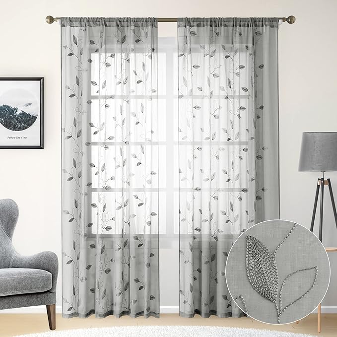 HOMEIDEAS Light Grey/Gray Sheer Curtains 52 X 84 Inches Long 2 Panels Embroidered Leaf Pattern Pocket Faux Linen Floral Semi Sheer Voile Window Curtains/Drapes for Bedroom Living Room
