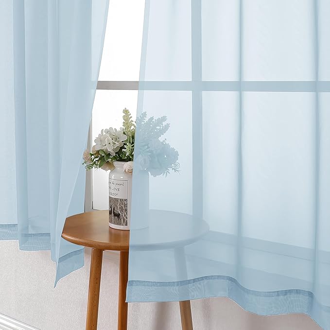 Lecloud Solid Voile Sky Blue Sheer Curtains 63 Inch Length 2 Panels, Dual Rod Pockets Window Light Filtering Curtain for Living Room and Girls Bedroom, Gauzy Kitchen Light Blue Drapes, 40x63 Inches