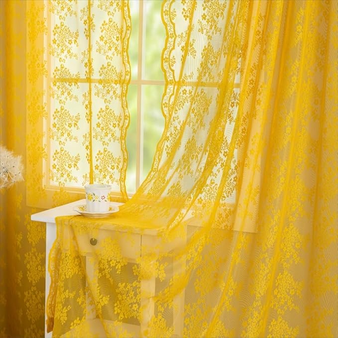 YJ YANJUN Vintage Lace Curtains 63 Inch Length-Victorian Floral Pattern Mustard Yellow Sheer Curtain Panels for Living Room Bedroom,Light Filtering, Summer Drapes 2 Panels 52W x 63L