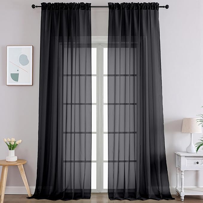 Gwine Black Sheer Curtains 120 Inches Long 2 Panels Set, Extra Long Sheer Black Curtains for Living Room Bedroom, Farmhouse Filmy Soft Rod Pocket Curtain, 59 Wx120 L Inch, 2 PCS, 10ft