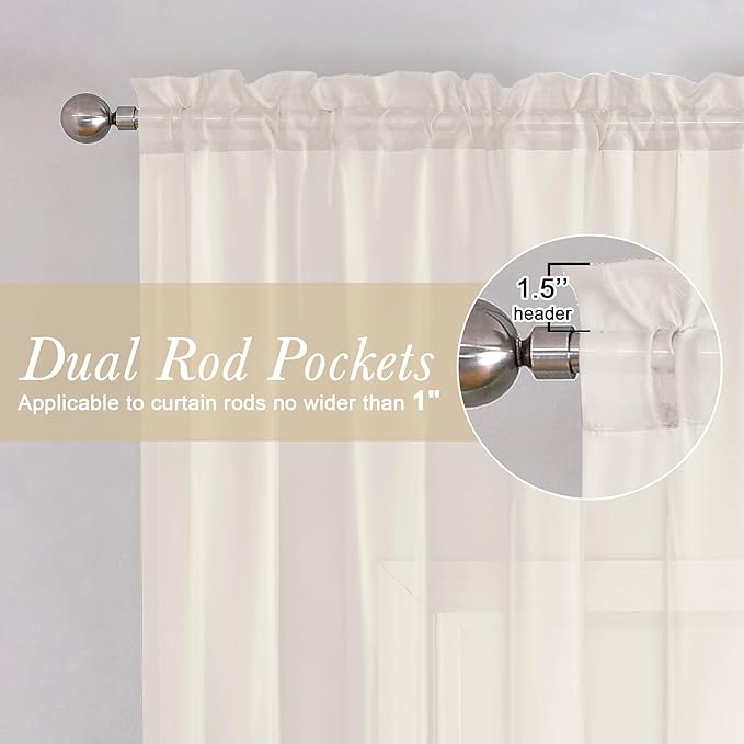 Lecloud Sheer Curtain Panels Set 96" Inches Long, Solid Voile Light Filtering Airy Curtains Window Treatment Drapes for Living Room, 2 Panels Elegant Bedroom Sheer Curtains, Ivory, 40" Wx96 L