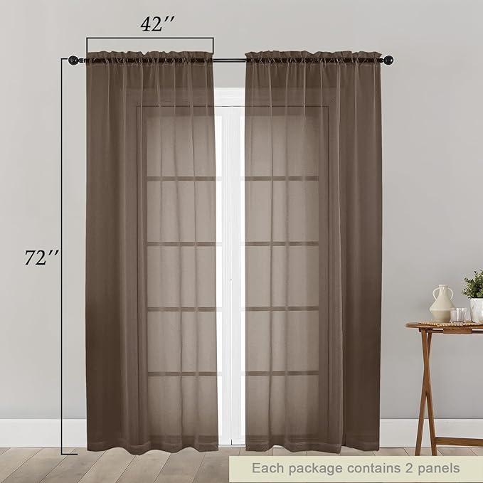 Chocolate Sheer Curtain for Bedroom Living Room 72 Inches Long 2 Panels Set, Solid Soft Airy Light Filtering Sheer Window Curtains, Modern Rod Pocket Door Curtain, Chocolate, 42"Wx72"L Inch