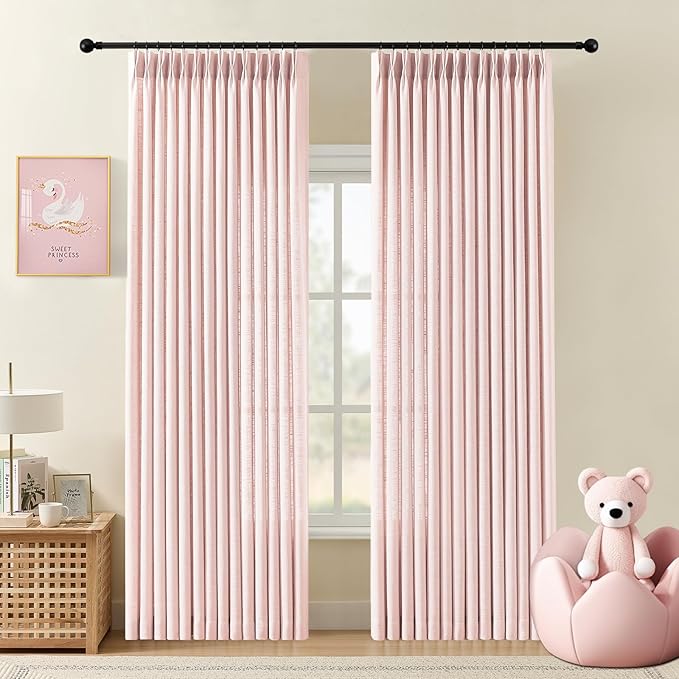 Light Pink Pinch Pleated 84 Inch Curtains for Living Room, Semi Sheer Light Filtering Privacy Linen Curtain Memory Trained Back Tab Drapes with Hooks Rings for Girls Bedroom, 2 Panels, W40xL84