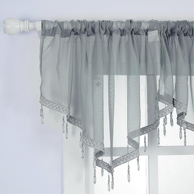 Molaxhome Swag Curtain 51 inch Length Rod Pocket Scalloped Curtain Valance Sheer Lace Panels with Hanging Crystal Beads for Kitchen Bedroom Window Treatments Drape Decor 1pc (Grey, 51Wx23L)